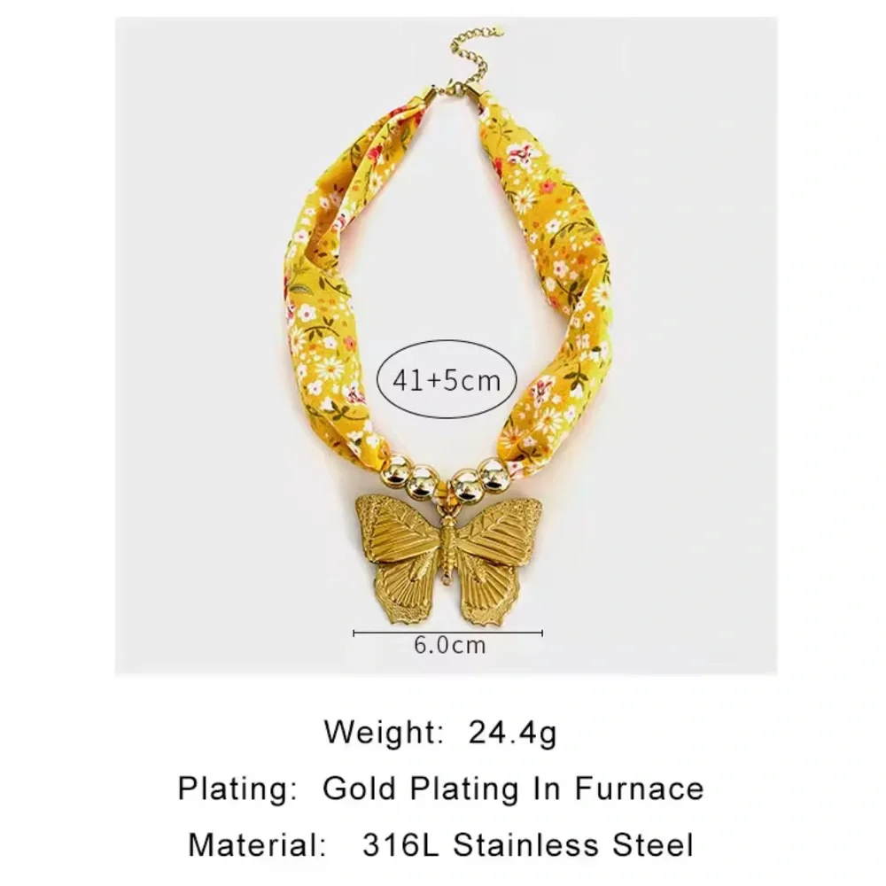 Golden Butterfly 18K Gold Stainless Steel Floral Scarf Choker Necklace - Picture 8 of 11